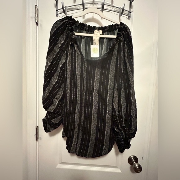 Blu Pepper boho blouse black white peasant sleeve women’s M striped top NWT - Picture 3 of 16